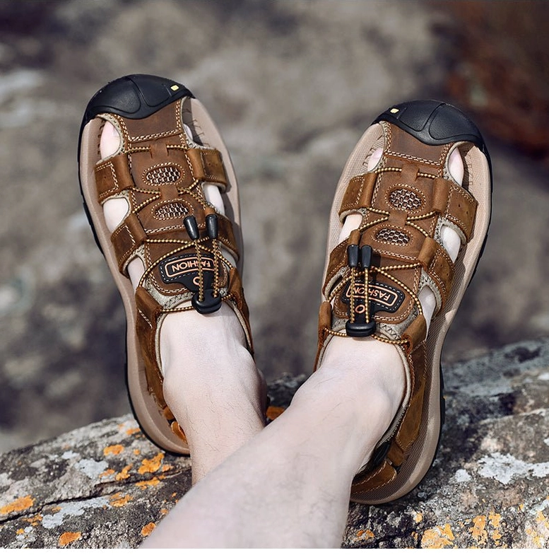 Dark gothic sandals for men with genuine leather construction and anti-slip rubber sole