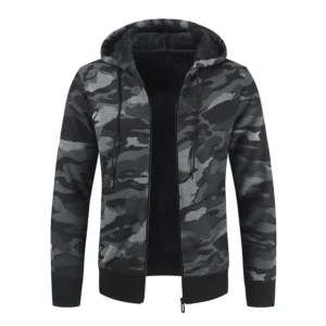 Dark gray camo fleece hooded zip cardigan flat lay display showing full frontal design and camouflage knit pattern detail