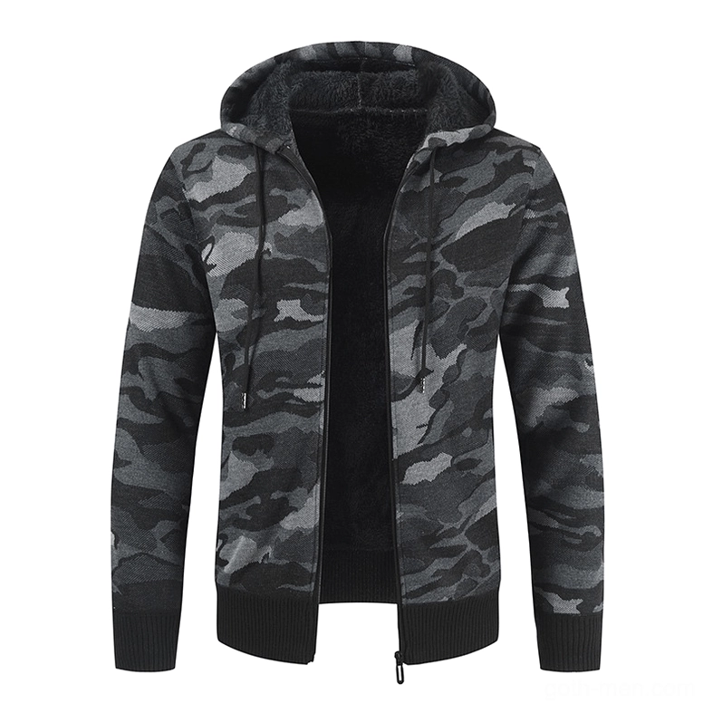 Dark gray camo fleece hooded zip cardigan flat lay display showing full frontal design and camouflage knit pattern detail