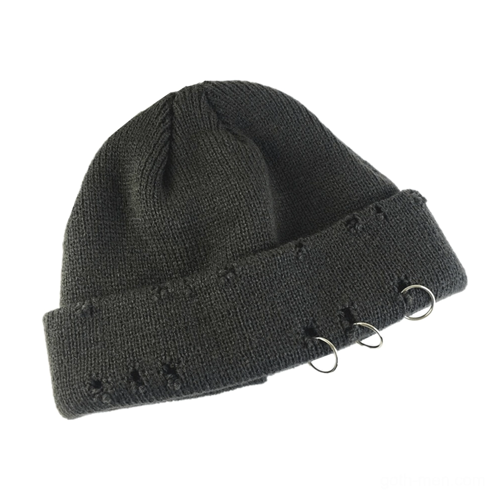 Dark gray gothic knit beanie featuring distressed texture and metal ring hardware accent