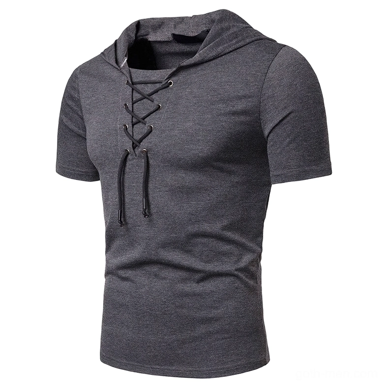 Dark heather gray gothic hooded lace-up t-shirt front detail