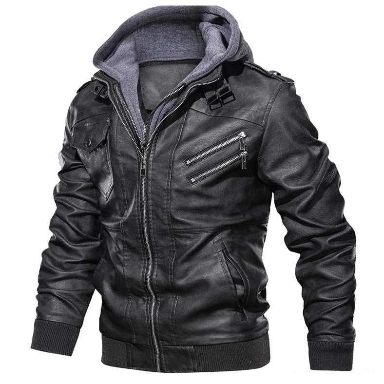 Dark grey gothic hooded faux leather motorcycle jacket with diagonal zippered pockets