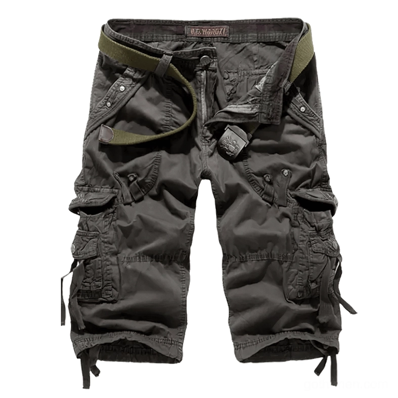 Dark gray military cargo capris flat lay - gothic style loose fit knee-length tactical shorts