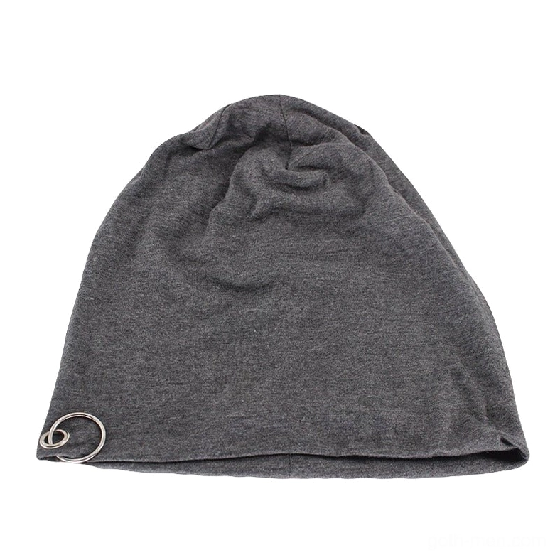Dark gray gothic slouch beanie flat front view with metal hoop detail