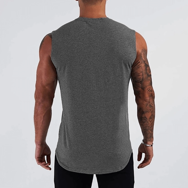Dark gray minimalist gothic tank top men's back view, sleeveless crew neck rear
