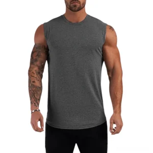 Dark gray minimalist gothic tank top for men, front facing sleeveless crew neck style