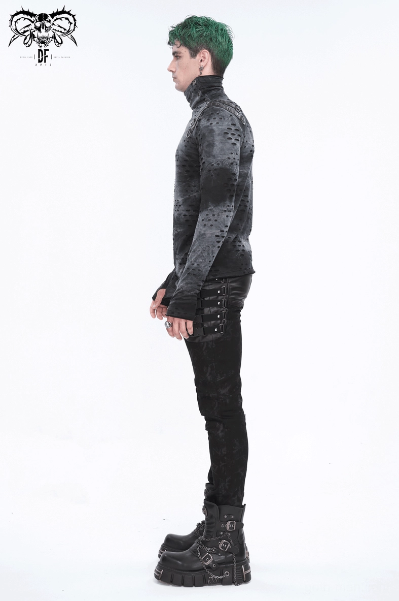 Dark gray gothic turtleneck alternative styling, perforated distressed design, buckle strap hardware detail