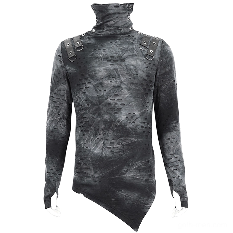 Men's dark gray gothic turtleneck back display, shoulder strap details, perforated distressed fabric, fitted cut