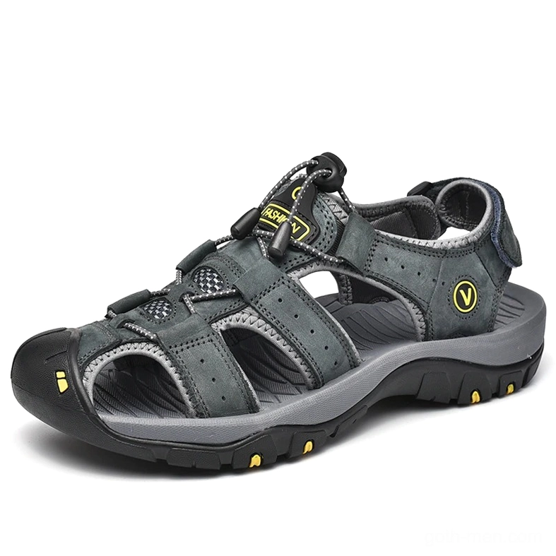 Dark gray matte genuine leather gothic sandals for men with toggle fastener and EVA foam insole - casual outdoor wear