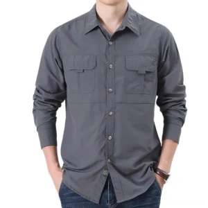 Dark gray tactical cotton button-up shirt for men, front flat lay highlighting structured broadcloth fabric