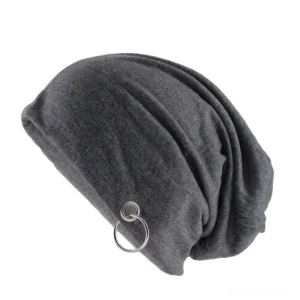 Dark gray gothic beanie with double metal hoop detail, alternative winter slouch knit hat
