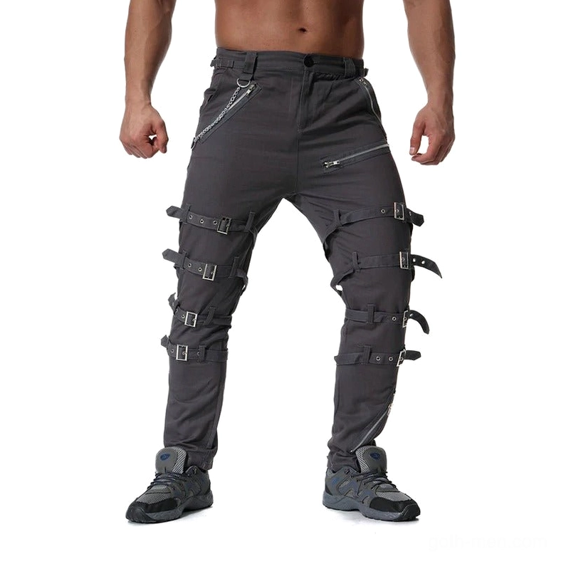 Dark gray punk style gothic cargo pants with leg buckle straps and side zippers