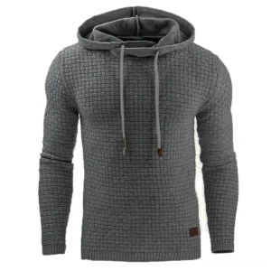 Dark gray grid-quilted goth hoodie sweatshirt with brown drawstring accents, men's casual alternative wear