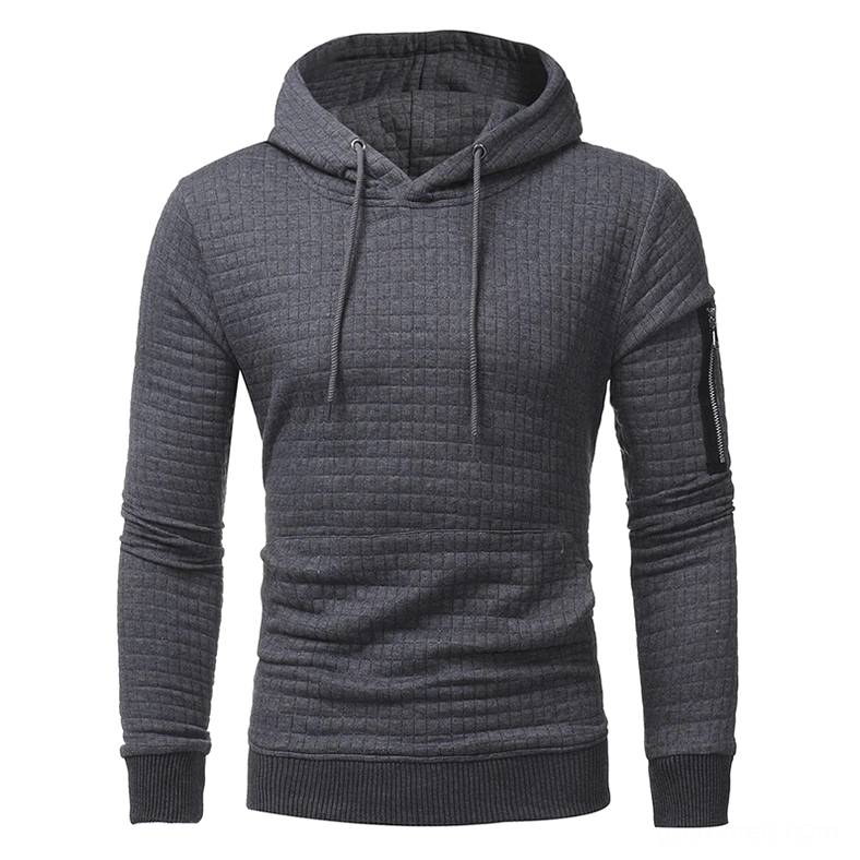 Dark gray quilted men's hoodie with left arm zipper kangaroo pocket
