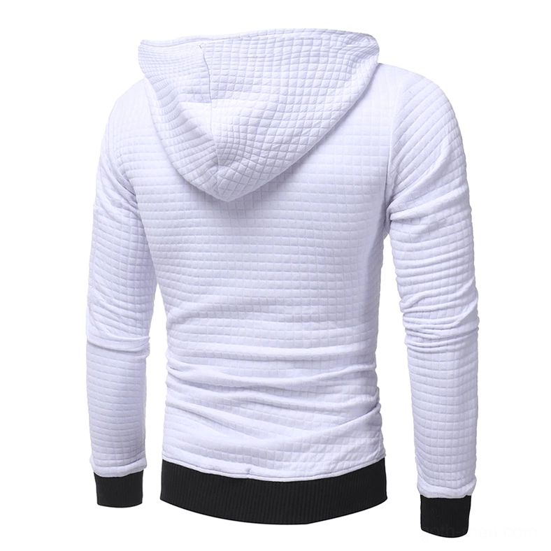Dark gray quilted men's hoodie hem and length styling view