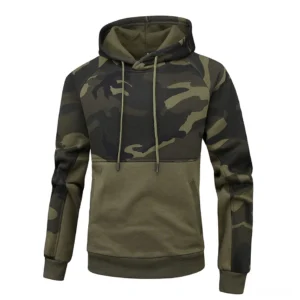Dark green camo fleece hoodie front flat shot with olive green and black color blocking