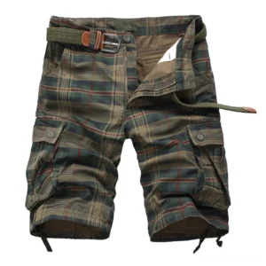 Men's dark green tartan plaid cargo shorts with flap pockets and drawstring hem, flat lay front view