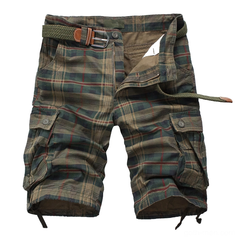 Men's dark green tartan plaid cargo shorts with flap pockets and drawstring hem, flat lay front view