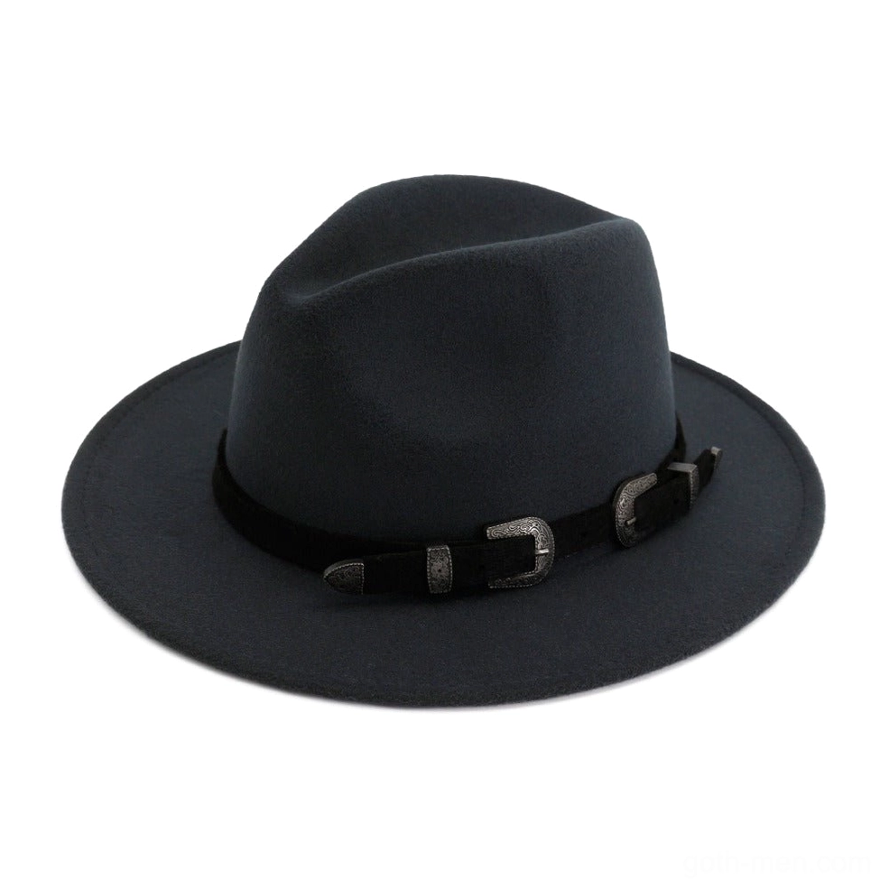 Dark grey felt trilby fedora with double metal buckle hat strap, gothic aesthetic flat lay