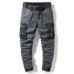 Dark grey camouflage cargo joggers with tactical utility pockets front view