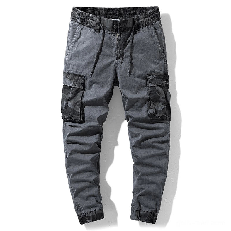 Dark grey camouflage cargo joggers with tactical utility pockets front view