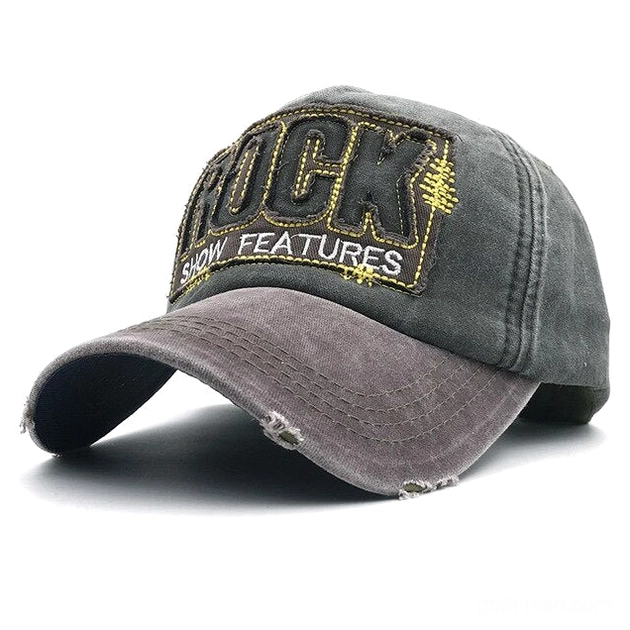All-dark grey gothic ROCK cap with yellow embroidery patch and intentionally frayed brim