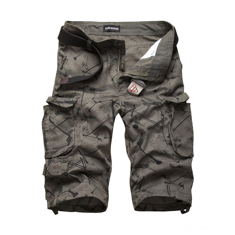 Dark grey graffiti print cargo shorts in premium cotton fabric with equipped waist belt, alternative fashion style