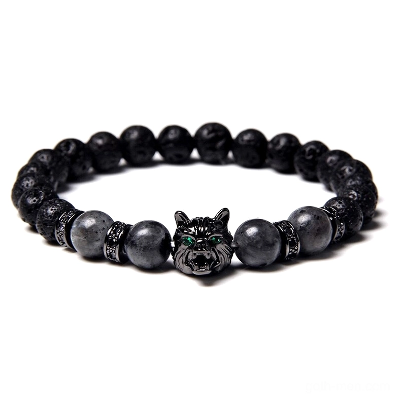 Dark grey matte natural stone wolf bracelet with gunmetal charm, minimalist gothic aesthetic, elastic beaded design