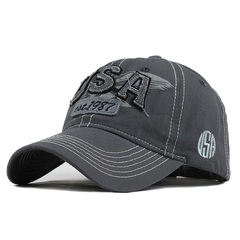 Dark grey vintage gothic baseball cap with USA embroidery and est.1987 patch, front side view