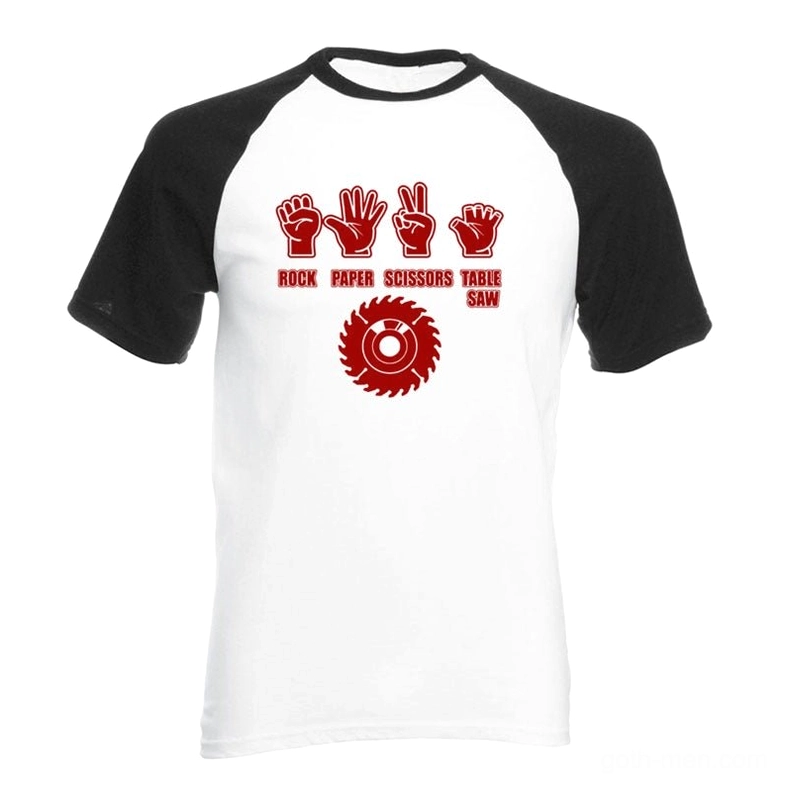 Men's dark humor graphic raglan streetwear tee with table saw print, heather gray body, black sleeves, gothic rock style