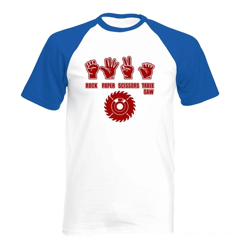Dark humor graphic raglan tee for men, white body with blue sleeves, bold red table saw print, alternative streetwear