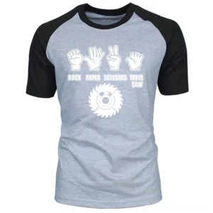 Dark humor graphic raglan streetwear tee featuring table saw design, monochrome print on heather gray with black raglan sleeves