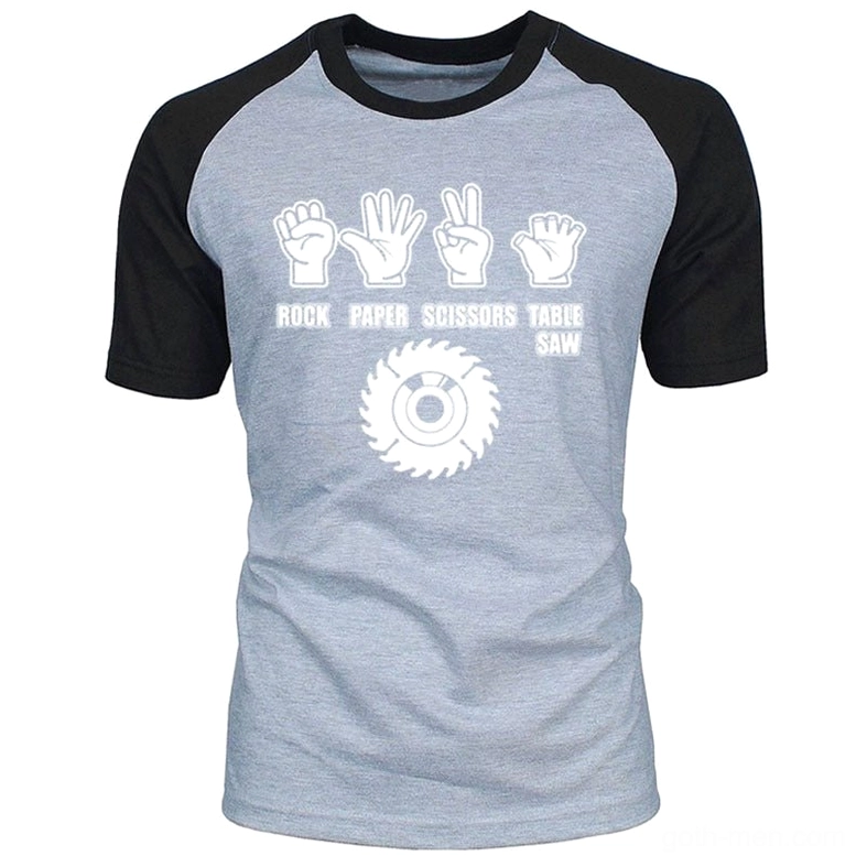 Dark humor graphic raglan streetwear tee featuring table saw design, monochrome print on heather gray with black raglan sleeves