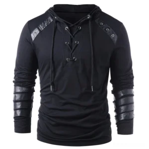 Vintage lace-up hooded sweatshirt with faux leather shoulder patches in black - alternative streetwear front view