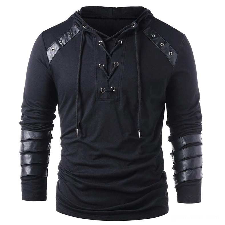 Vintage lace-up hooded sweatshirt with faux leather shoulder patches in black - alternative streetwear front view