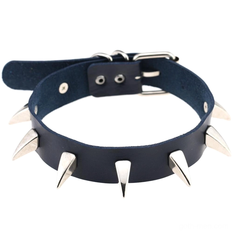Dark navy blue spiked leather choker with silver cone rivets adjustable fit