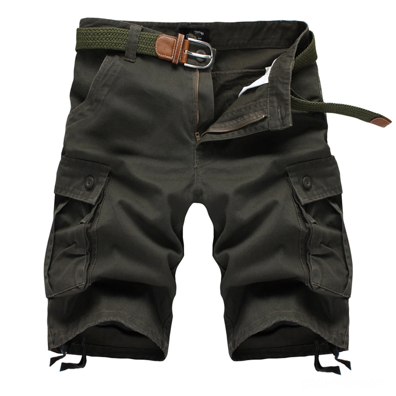 Dark olive gothic cargo shorts with green fabric belt and multi-flap pocket design