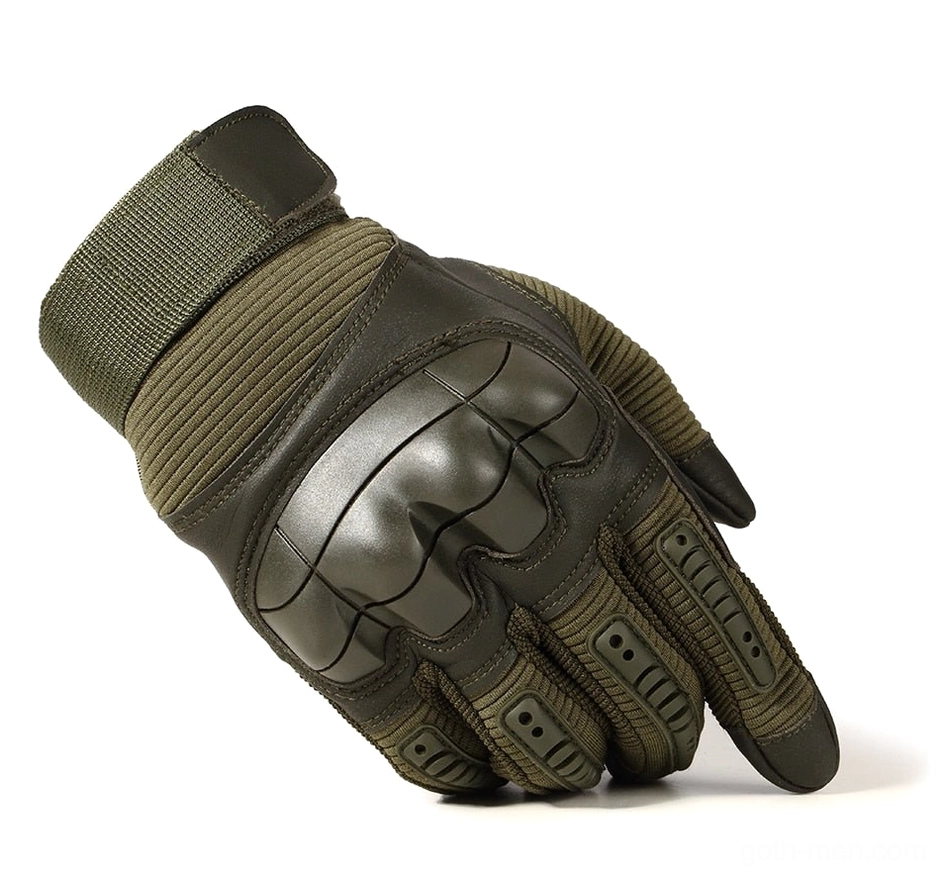 Dark olive green glossy PU leather tactical gloves full-finger with reinforced knuckle armor and stretch fabric panels
