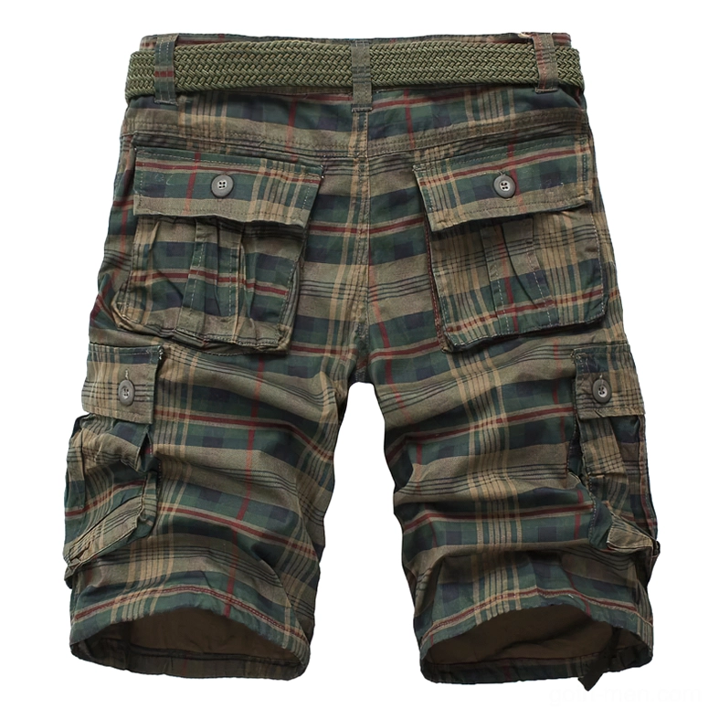 Men's dark green tartan plaid cargo shorts with flap-style front pockets and fixed waist belt
