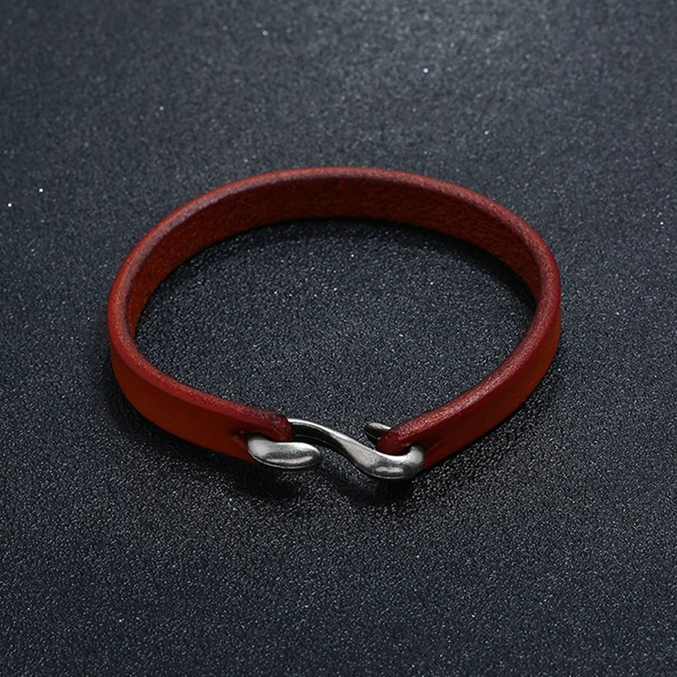 dark red brown leather cuff bracelet with antique silver clasp - gothic narrow band design