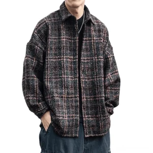 Dark red-brown tartan wool shirt for men featuring heavy velour fabric, worn with silver chain necklace, side-front style