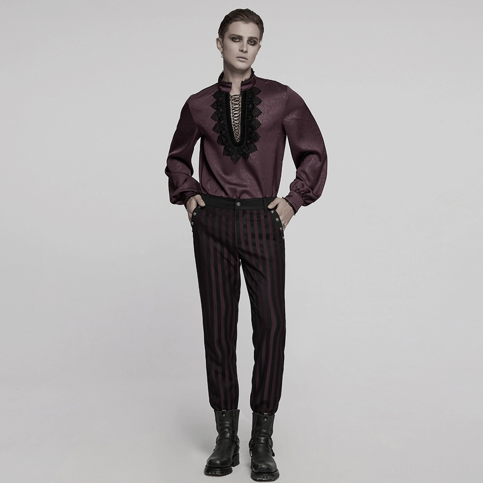 Dark romantic men's gothic lace shirt - burgundy jacquard with black lace detail and lantern sleeves