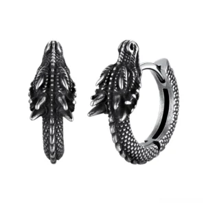 Dark silver antique dragon hoop earrings featuring detailed dragon head and textured finish