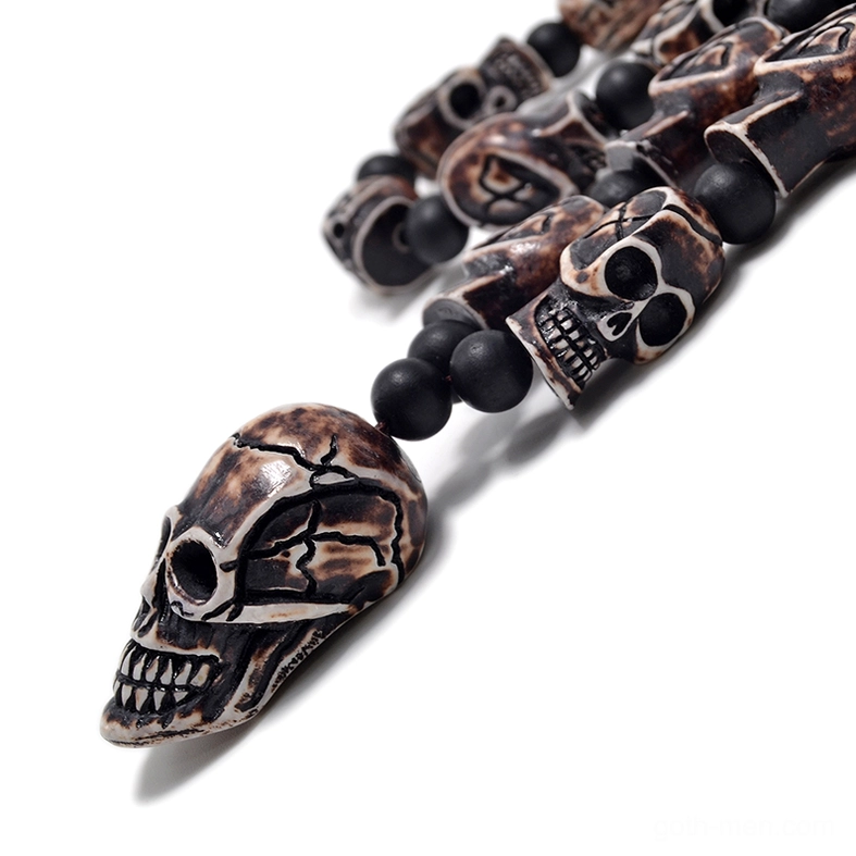 Dark brown skull beads matte spacers side oblique gothic necklace pendant