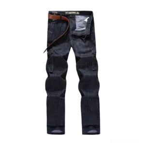 Dark indigo gothic cargo pants front view showcasing multi-functional utility pockets and loose safari cut silhouette with brown leather belt styling