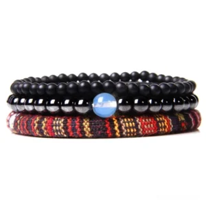 Dark Trinity three-layered handmade stone bracelet set with natural stone beads, ethnic woven strap, and blue accent detail – gothic charm bracelet collection