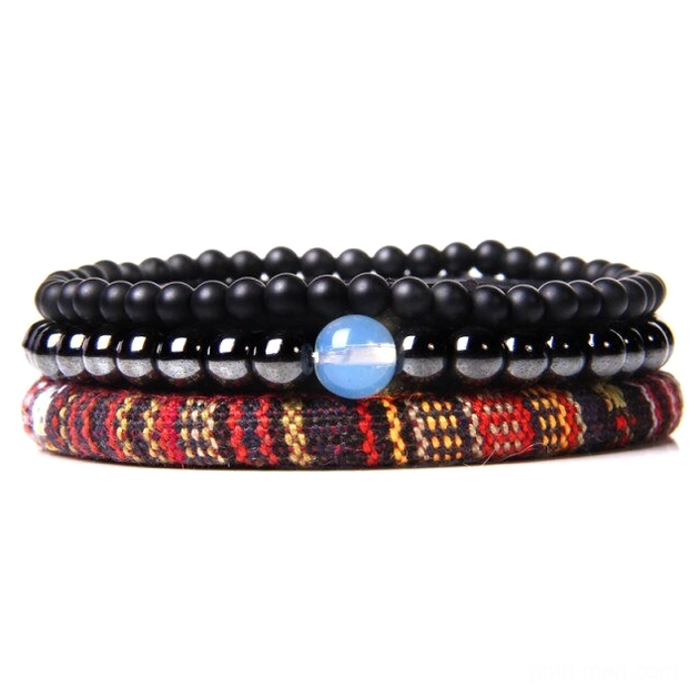 Dark Trinity three-layered handmade stone bracelet set with natural stone beads, ethnic woven strap, and blue accent detail – gothic charm bracelet collection