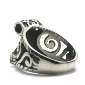 Dark silver Thor's Hammer gothic ring showing polished inner band and hollow carved outer design - inner bottom perspective view