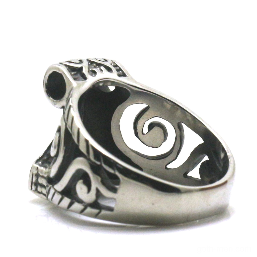 Dark silver Thor's Hammer gothic ring showing polished inner band and hollow carved outer design - inner bottom perspective view