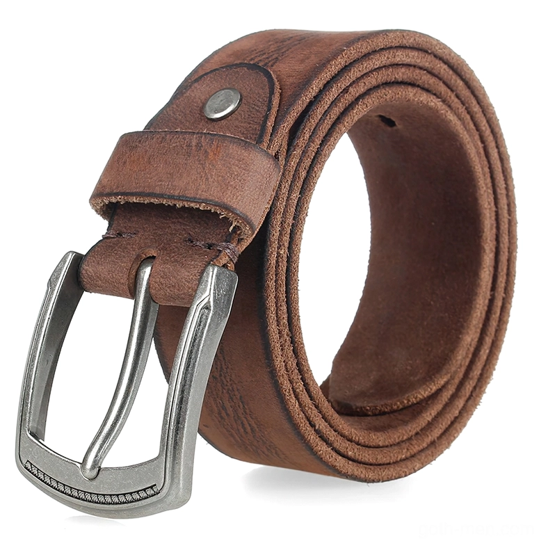 Deep brown cowhide gothic belt with engraved edge antique alloy buckle, displaying full grain leather finish and vintage character ideal for alternative fashion